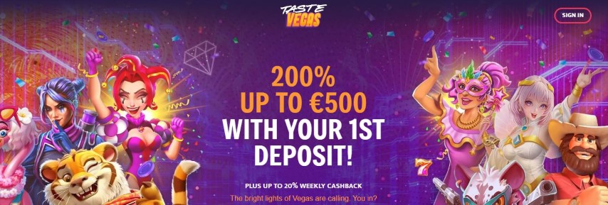 Få 200% bonus upp till €500 på Taste Vegas Casino